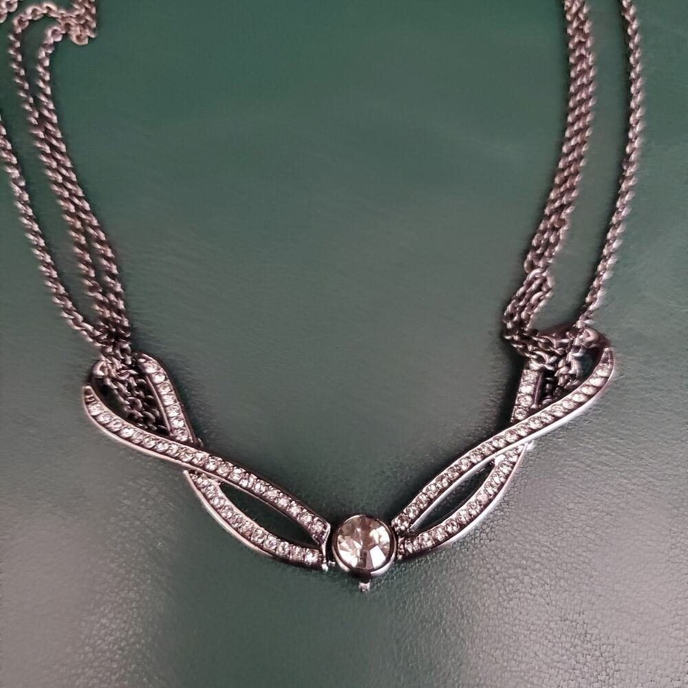 Vintage Givenchy Sleek Black Necklace Triple Chain with Clear Rhinestones READ‎